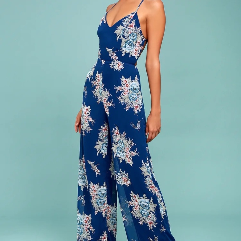 Shea Navy Blue Floral Print Jumpsuit, XS, Lulus